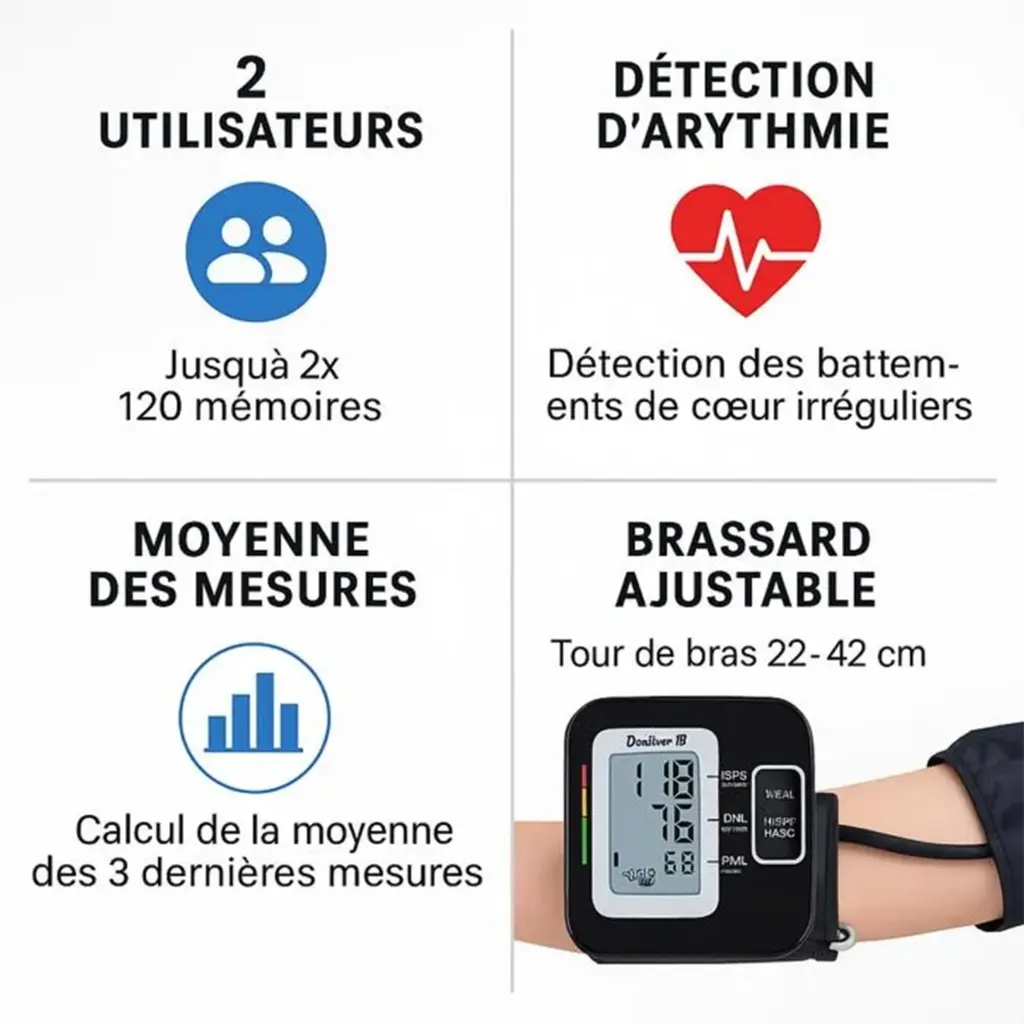 Tensiomètre électronique brassard adulte avec lecture d'arythmie.webp